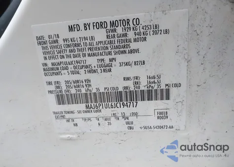 2018 Ford Ecosport Se z USA, uszkodzony, nr VIN MAJ6P1UL6JC194717